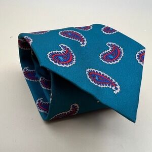 Jordache Vintage Mens Teal Paisley Necktie Made in USA Polyester Blue Red 3.25"